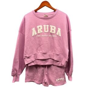 Relaxx Aruba One Happy Island Sweatshirt Shorts Set Women's Small Pink NWT